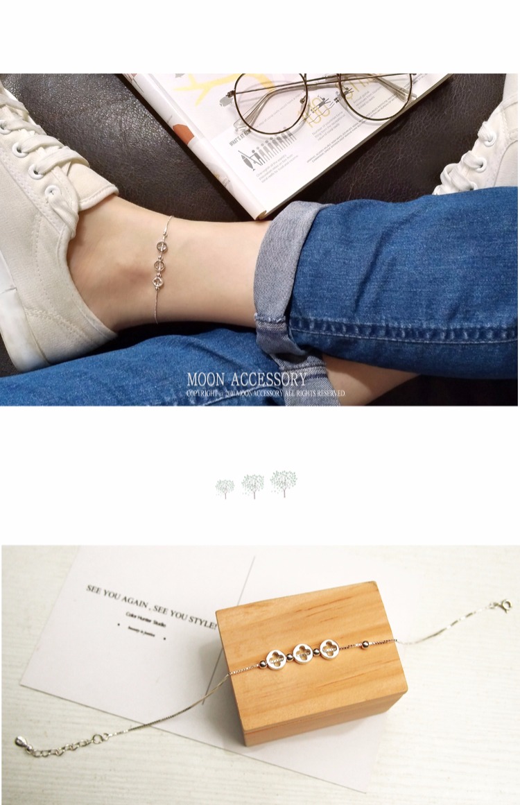 Vòng chân cỏ ba lá tươi rỗng, vòng ba vòng phiên bản Hàn Quốc đơn giản của dây chuyền mắt cá chân siêu sinh viên bằng bạc 925 sterling vòng chân phong cách tây âu