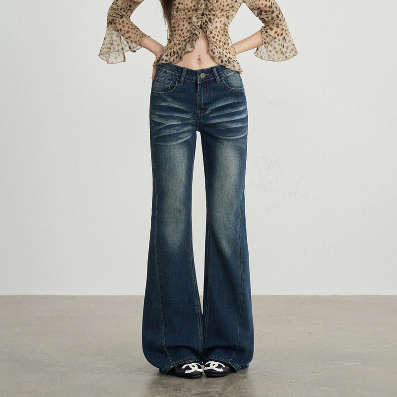Tgxq Giselle Style Whiskered Denim Jeans for Women, 2026 New American Style Versatile Low-Waist Flared Pants