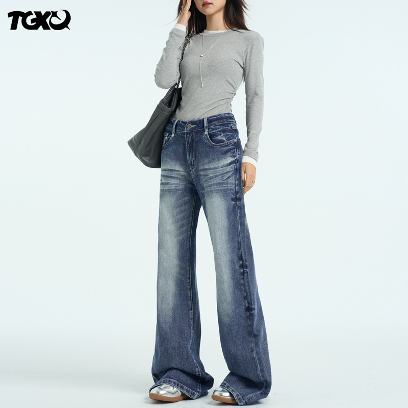 Tgxq Retro Flared Jeans for Women 2026 New Low-Waist Slimming Loose American Style Non-Tight Micro-Flared Pants