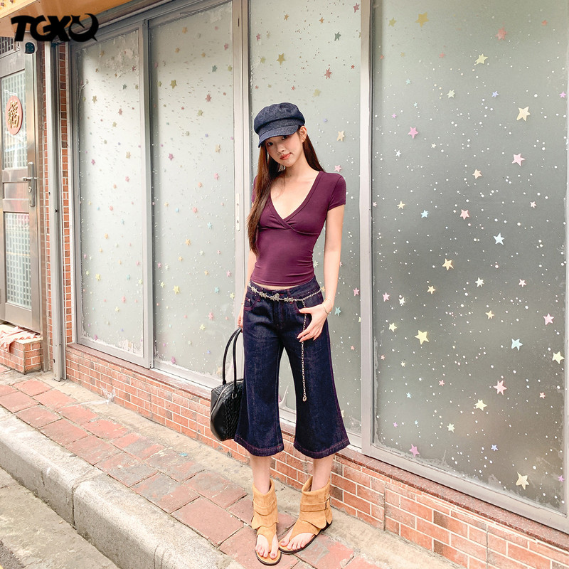 Tgxq Original Denim Color Cropped Jeans for Women 2026 New Retro Red Stitching Hot Girl Style Slimming Flared Pants Tgxq Original Denim Color Cropped Jeans for Women 2026 New Retro Red Stitching Hot Girl Style Slimming Flared Pants