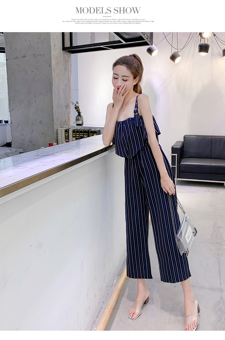 VK旗艦店 韓系時尚露肩條紋寬口褲連身褲套裝無袖褲裝