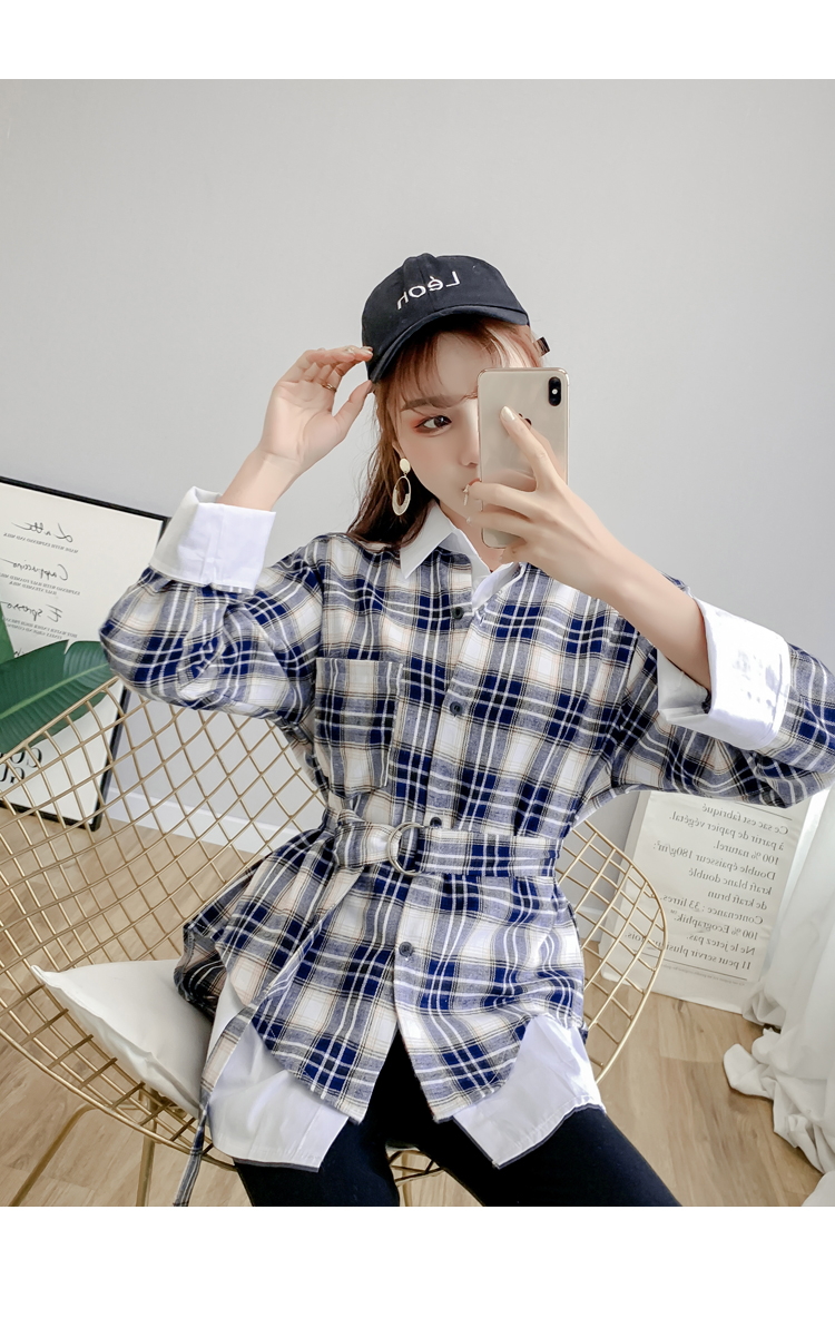 VK旗艦店 韓系格紋拼接假兩件收腰系帶襯衫長袖上衣