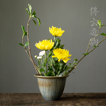 Hand-painted blue and white retro rough pottery deep belly flower arrangement bowl Chinese flower arrangement clear supply plate flower pot living room home