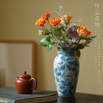 Hand-painted blue and white porcelain vase water flower flower arrangement retro rough pottery Jingdezhen handmade small vase pastoral style