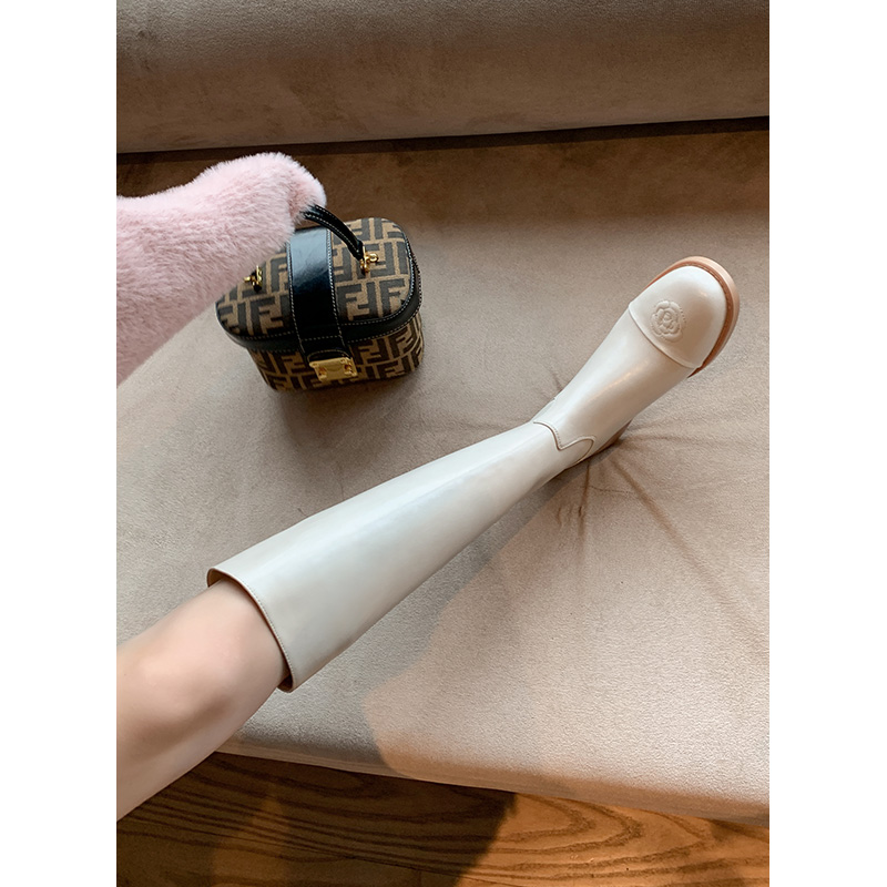 Mountain Tea Flowers Genuine Leather Rear Pull Chain High Cylinder Riding Boots 100 Hitch White Flat Heel Long Boots Though Knee-length Cylinder Boots