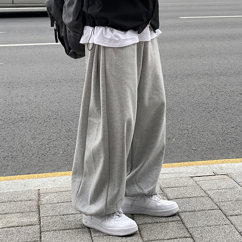 Men's Casual Style Pants, Summer Heavyweight Gray Sweatpants, Trendy Brand Wide-Leg Jogger Loose Casual Long Pants