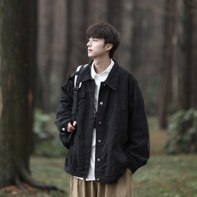 Black Denim Jacket for Men, Spring and Autumn 2026, Japanese Cityboy Style, Trendy Brand, Loose Fit, Vintage, Cool Workwear Jacket