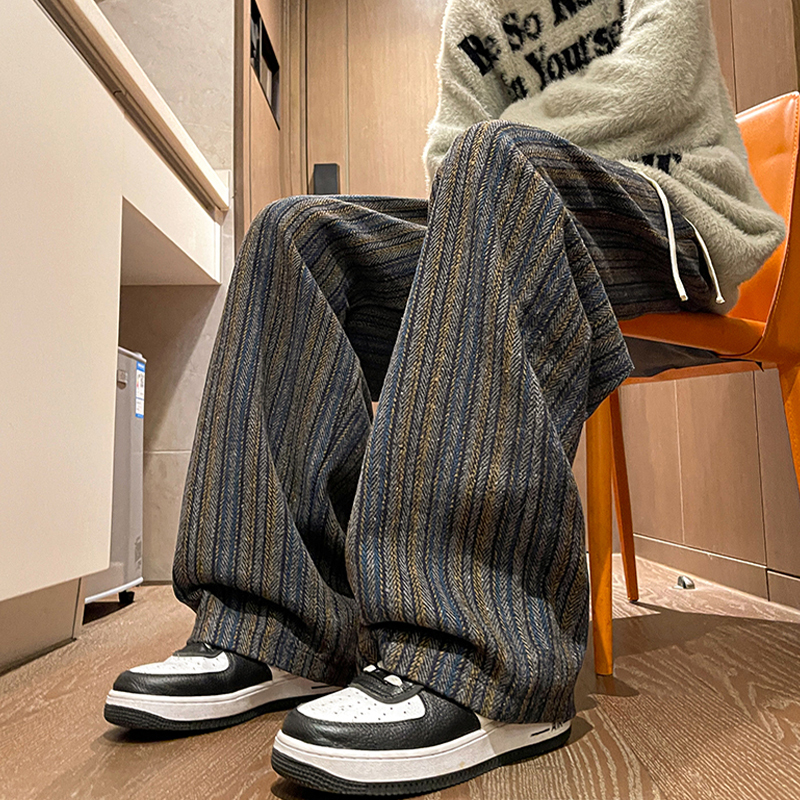 Melard Striped Woolen Pants for Men, Spring and Summer, High-End Feel, Plus Size, Loose Straight-Leg Casual Trousers