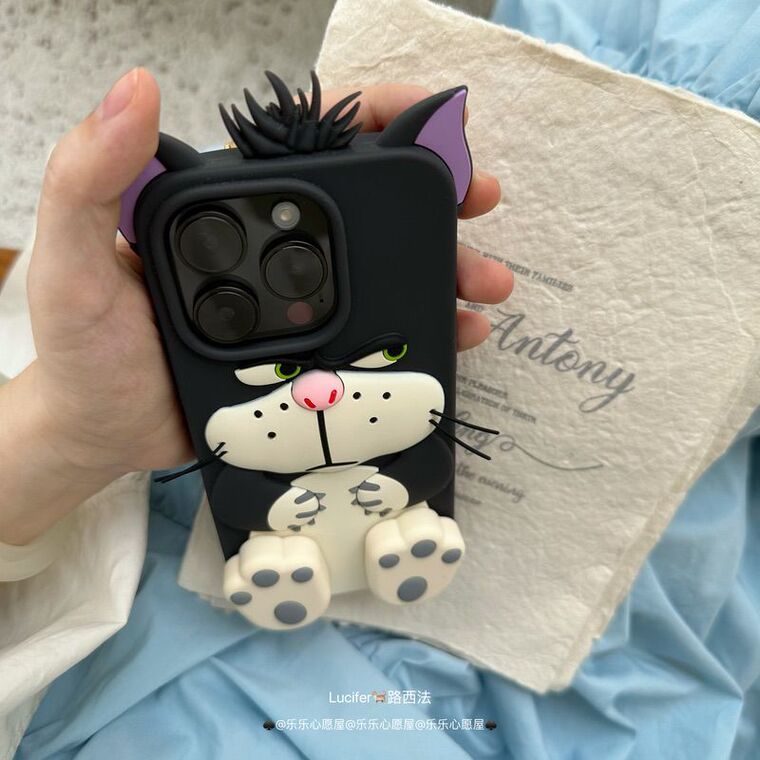 Cute Black Cat Cartoon Design Green Eyes Pink Nose iPhone Case