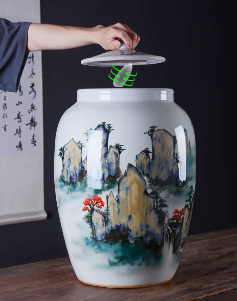 Jingdezhen hand - made ceramic barrel 50 pounds with cover 25 kg pack flour barrels of household kitchen old storage sealed as cans