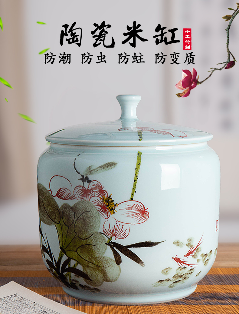 Jingdezhen hand - made ceramic barrel ricer box 20 jins the loaded with cover moistureproof insect - resistant flour barrels household seal pot in the kitchen