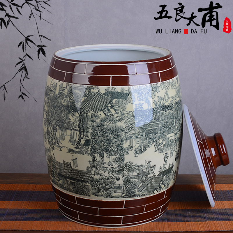 Jingdezhen ceramic barrel of flour bucket home 50 kg 100 meters storage box with cover qingming scroll sealed as cans