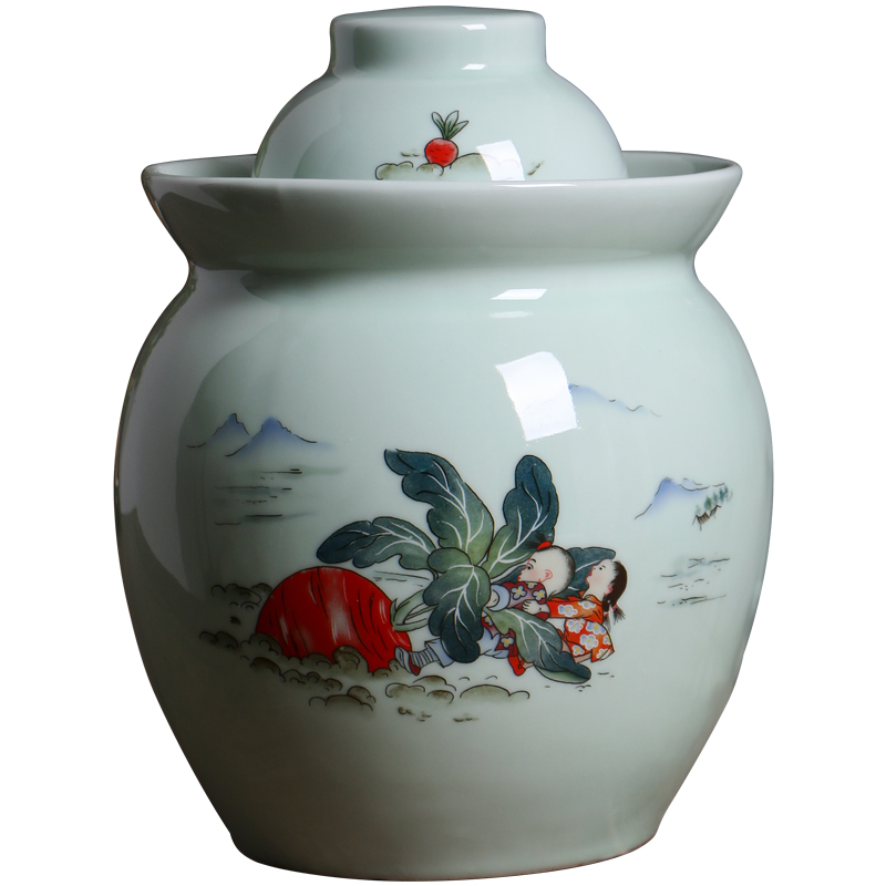 Jingdezhen ceramic household pickle jar thickening old pickles preserved salted duck dense eggs cylinder double cover seal storage tank