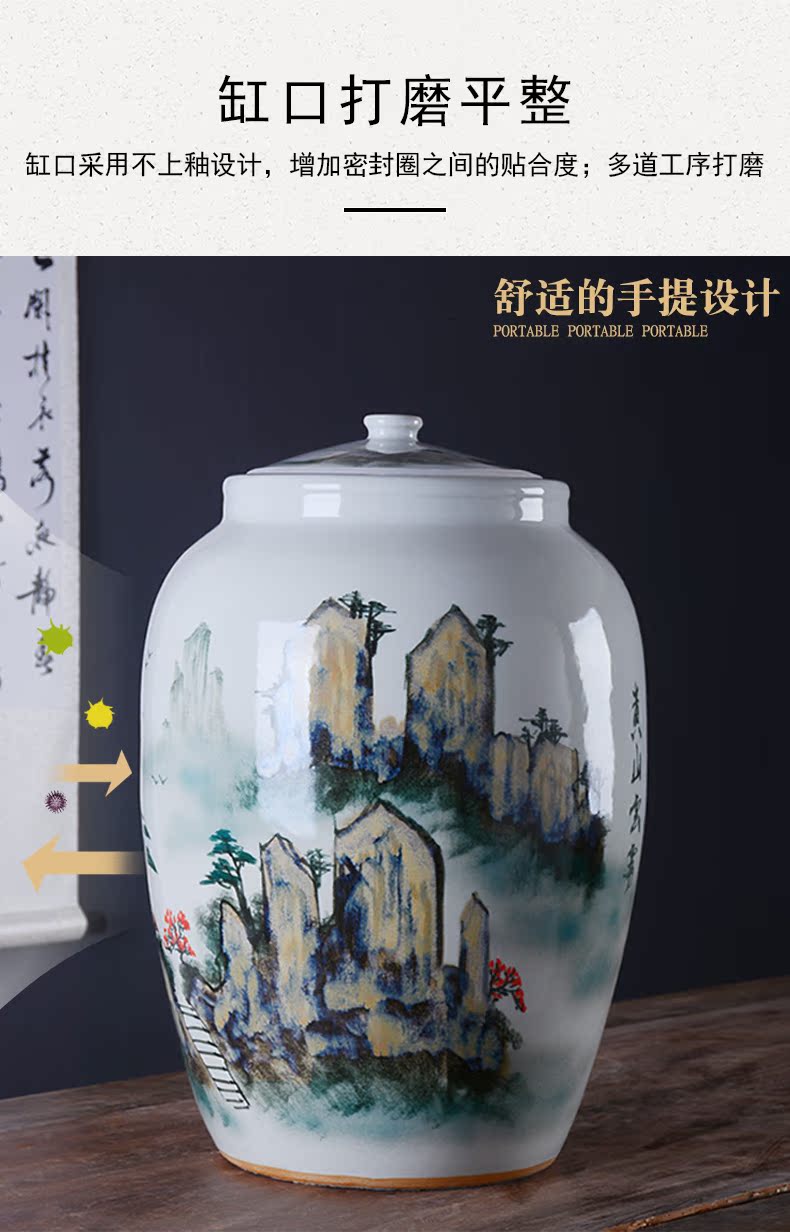 Jingdezhen hand - made ceramic barrel 50 pounds with cover 25 kg pack flour barrels of household kitchen old storage sealed as cans