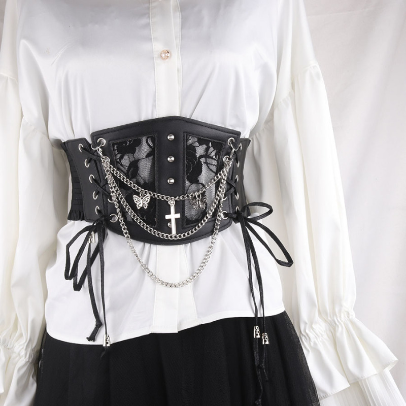 Original Lolita Punk Gothic Style Lace Lace-Up Waistband for Women with Cross and Butterfly Chain Decoration Waist Accessory