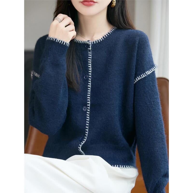 Loose-Fitting, Slimming, Color-Blocked, Shell-Embroidered, Vintage Round-Neck Knit Cardigan for Women, Lazy Style, Loose-Fitting, Drop-Shoulder Sleeve Sweater Loose-Fitting, Slimming, Color-Blocked, Shell-Embroidered, Vintage Round-Neck Knit Cardigan for Women, Lazy Style, Loose-Fitting, Drop-Shoulder Sleeve Sweater