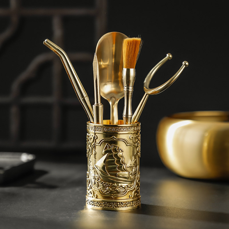Tea Doug brass Six Gentleman Kung Fu Tea Furniture Set Tea Clip Tea Knife Tea Wash Tea Tool 6 Gentleman Tea Tray Hem