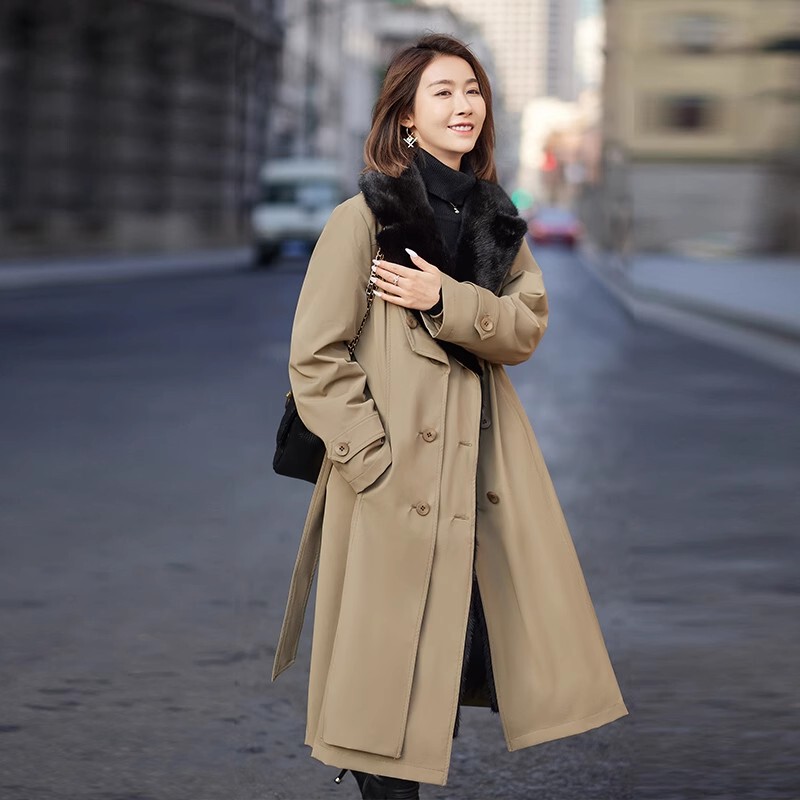 Parka Women's Winter Clothing with Mink Fur Lining, Long Detachable Mink Fur, Fashionable Young Trench Coat Style Long Coat