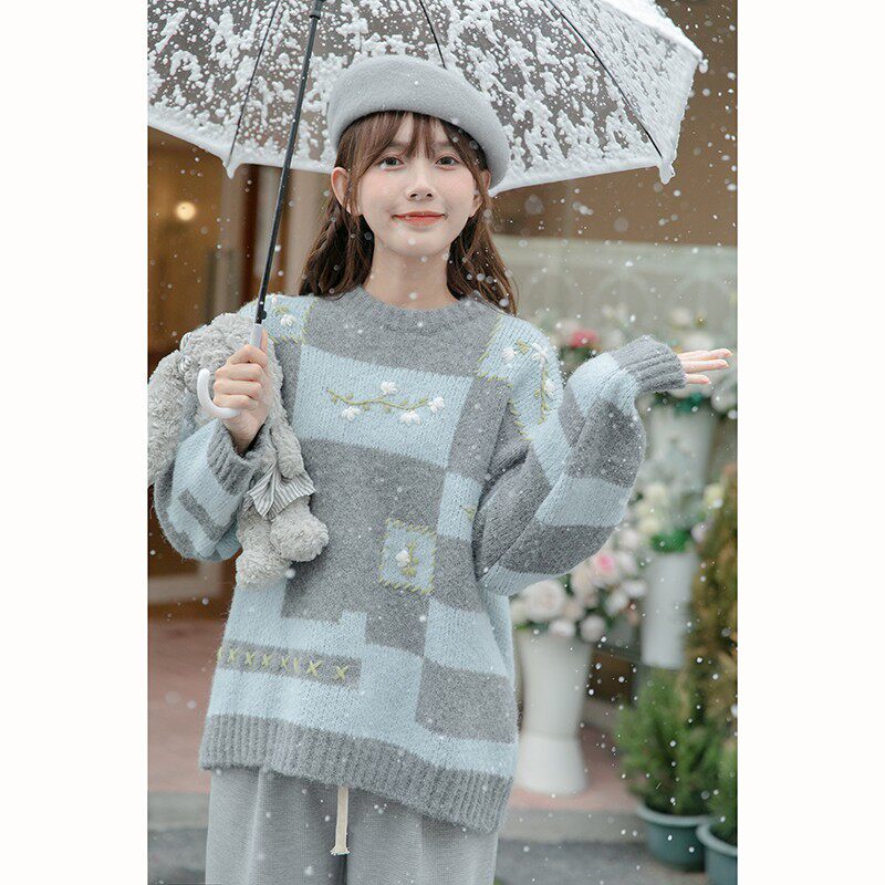 Korean version of round collar Coloured knit cardiovert 2022 spring new fashion trends Cubic embroidered sleeves Thickened Sweater