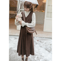 Corduroy Strap Skirt Women 2021 Autumn and Winter New Academy Wind Long Waist Slim Fairy A Dress