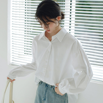 2021 autumn new simple Korean bubble sleeve white shirt long sleeve female POLO collar single breasted top