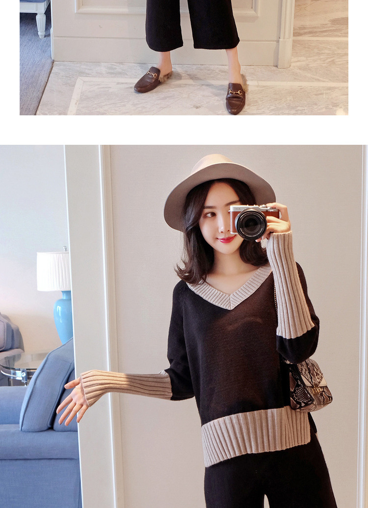 Phụ nữ mang thai mùa thu đông phù hợp với thời trang 2019 mới dệt kim hai mảnh áo len cổ chữ V nâng bụng quần rộng váy bà bầu đầm bầu công sở