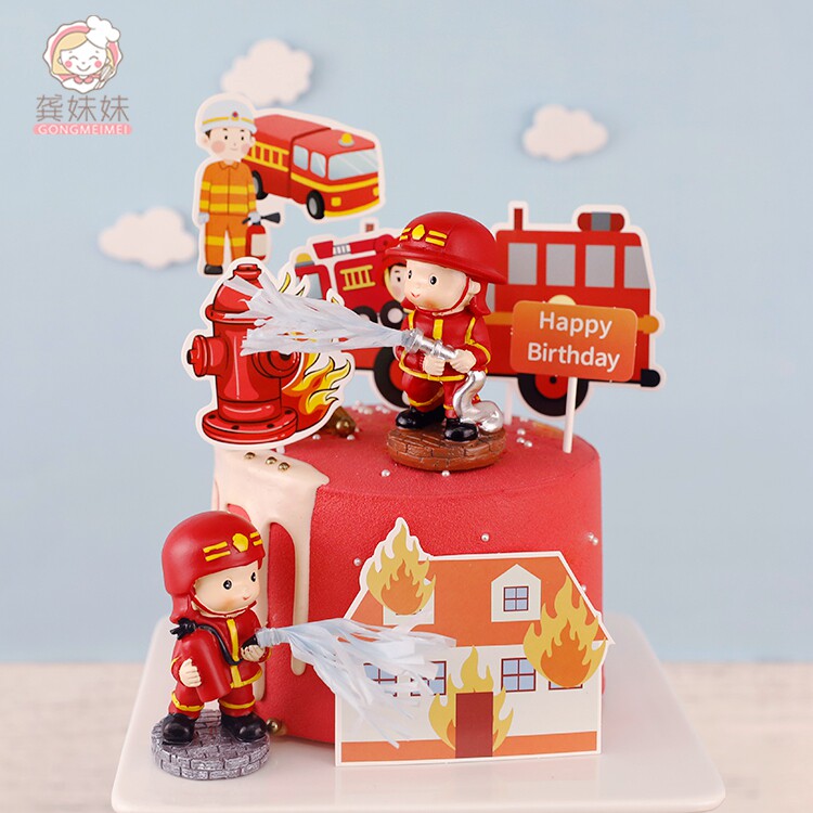Baking Cake Decoration Firefighters Swing Piece fire truck Card Suit Hero Birthday Party Cake Dessert Dress