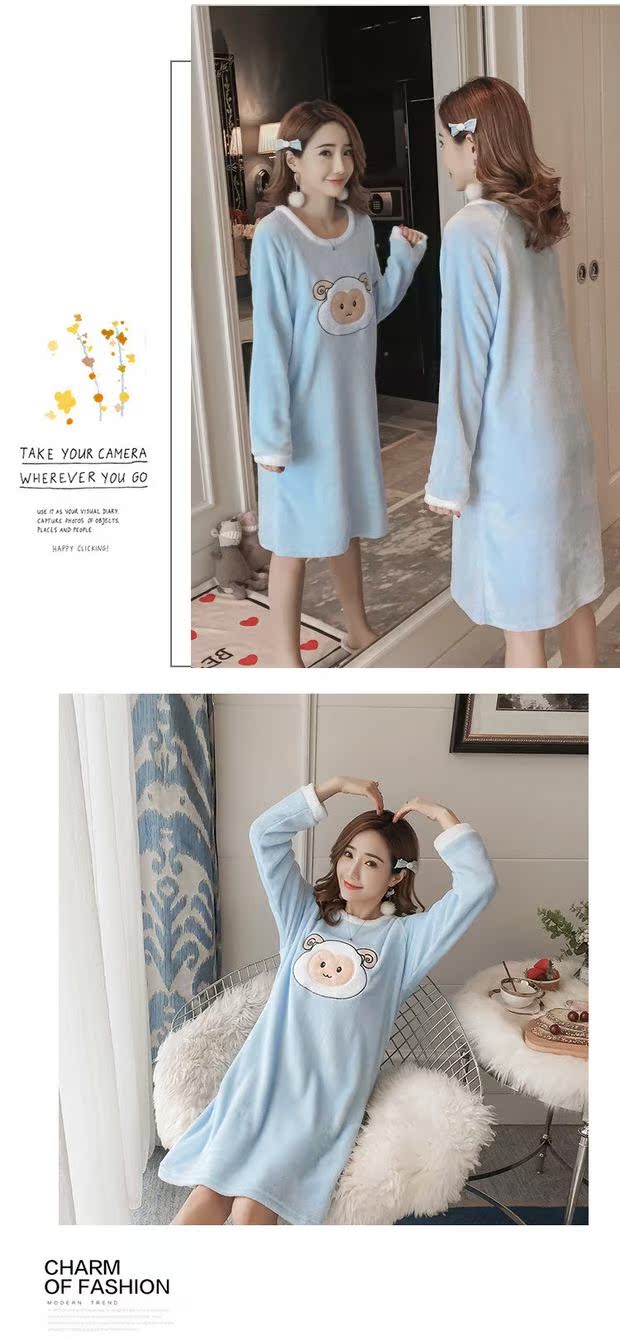 Váy ngủ nhung nữ mùa đông dài ngọt ngào dễ thương flannel dày đồ ngủ dài tay nữ ấm áp quần áo sinh viên nhà đồ ngủ voan mỏng