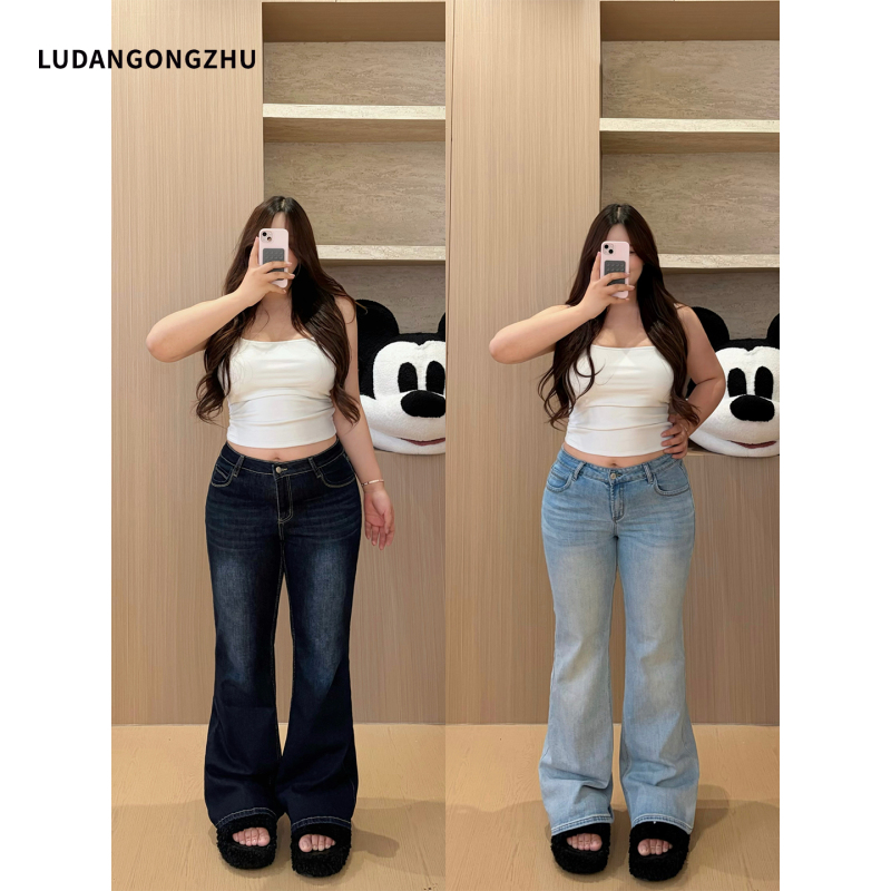 Braised Egg Princess 2026 New Autumn Plus-Size Fat mm Flared Slim-Fit Casual Wide-Leg Straight Denim Pants for Women