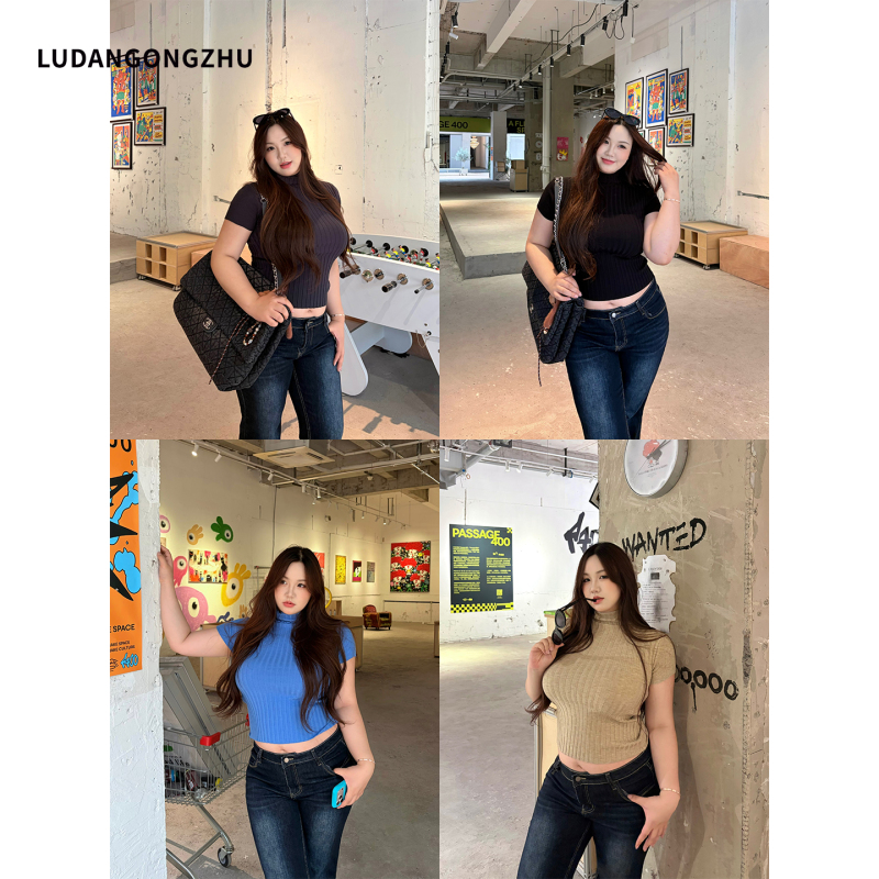 Braised Egg Princess 2026 New Autumn Plus Size Slim Fit Short Sleeve Knitted Base Shirt Sweater Women's Fashion Top Trendy Braised Egg Princess 2026 New Autumn Plus Size Slim Fit Short Sleeve Knitted Base Shirt Sweater Women's Fashion Top Trendy