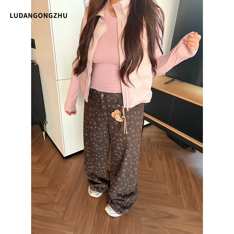 Braised Egg Princess 2026 New Autumn Large Size Cartoon Print Loose Casual Straight Wide-Leg Jeans for Women Braised Egg Princess 2026 New Autumn Large Size Cartoon Print Loose Casual Straight Wide-Leg Jeans for Women