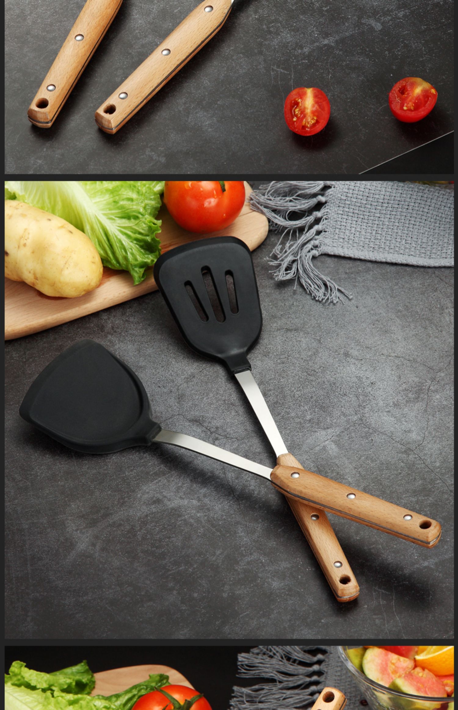 Thép không gỉ 304 nhiệt độ cao chống dính chảo đặc biệt chảo xẻng nấu ăn nhà bếp silicone xẻng xẻng dụng cụ nhà bếp - Phòng bếp chảo chống dính elmich