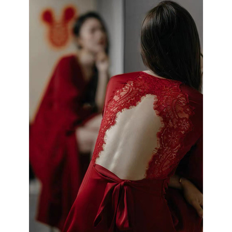 Unique French bridal wedding gown female sexy backless simulation silk high-end wedding photo pajamas WakeUp