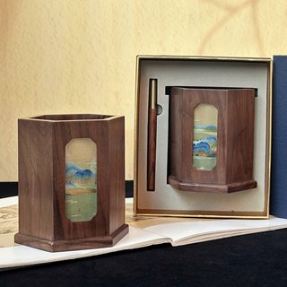 苏绣纯手工刺绣胡桃木笔筒中国风特色礼品伴手礼送老师老外教师节