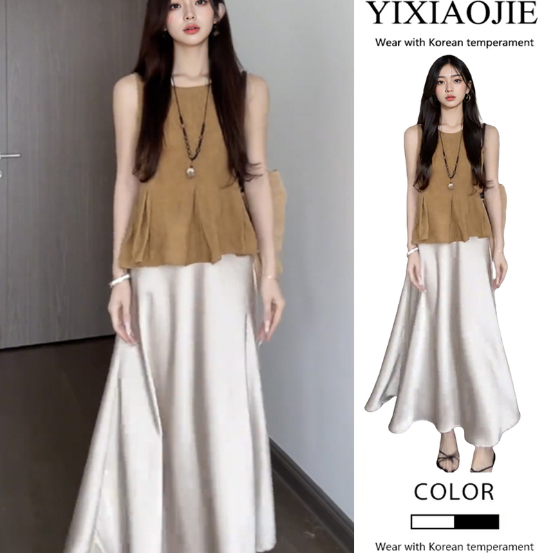 Summer New Retro Hong Kong Style Sleeveless Vest Top for Women + Versatile Slimming Look Skirt Two-Piece Suit for Women Summer New Retro Hong Kong Style Sleeveless Vest Top for Women + Versatile Slimming Look Skirt Two-Piece Suit for Women
