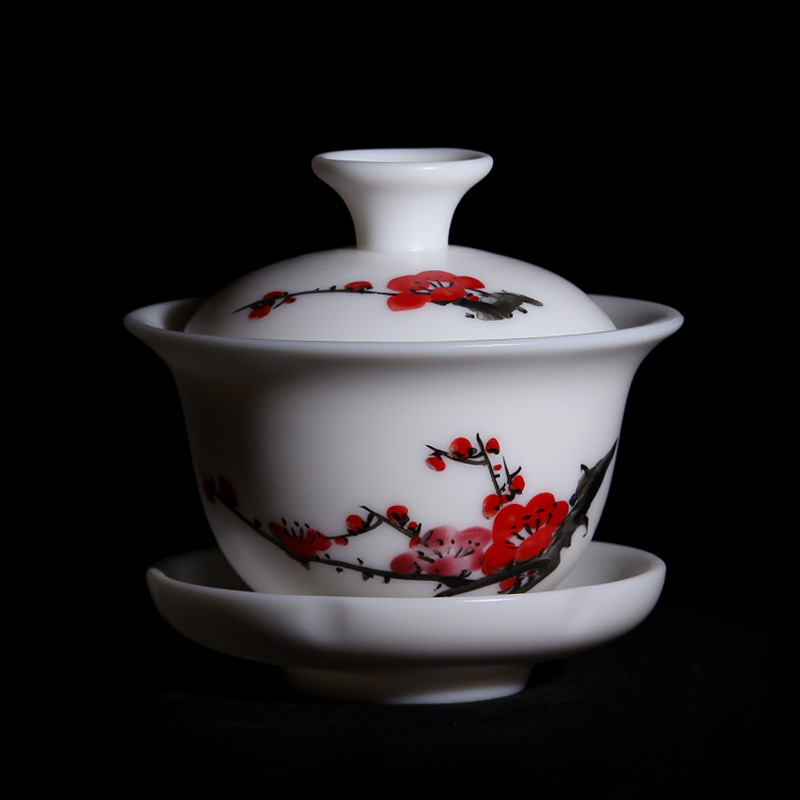 Mingyuan FengTang dehua built white jade porcelain only three tureen teacup full manual hand - made ceramic kung fu tea bowl is large