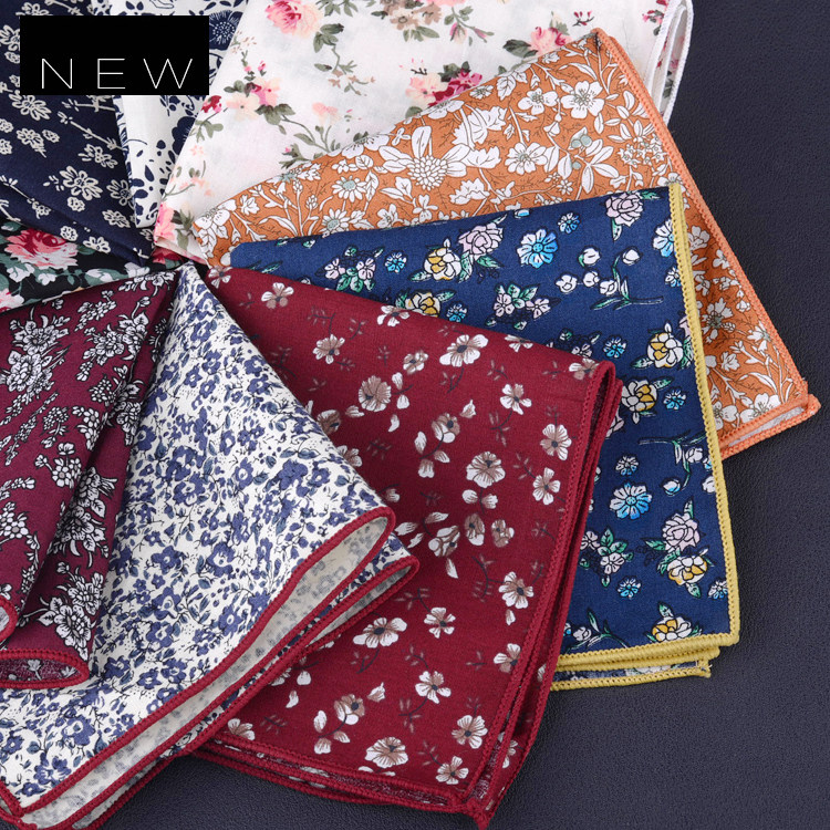Free Shipping Vintage Printed Pocket Square Floral Handkerchief Unisex Square Scarf British Style Suit Accessory Cotton Chest Scarf Decoration