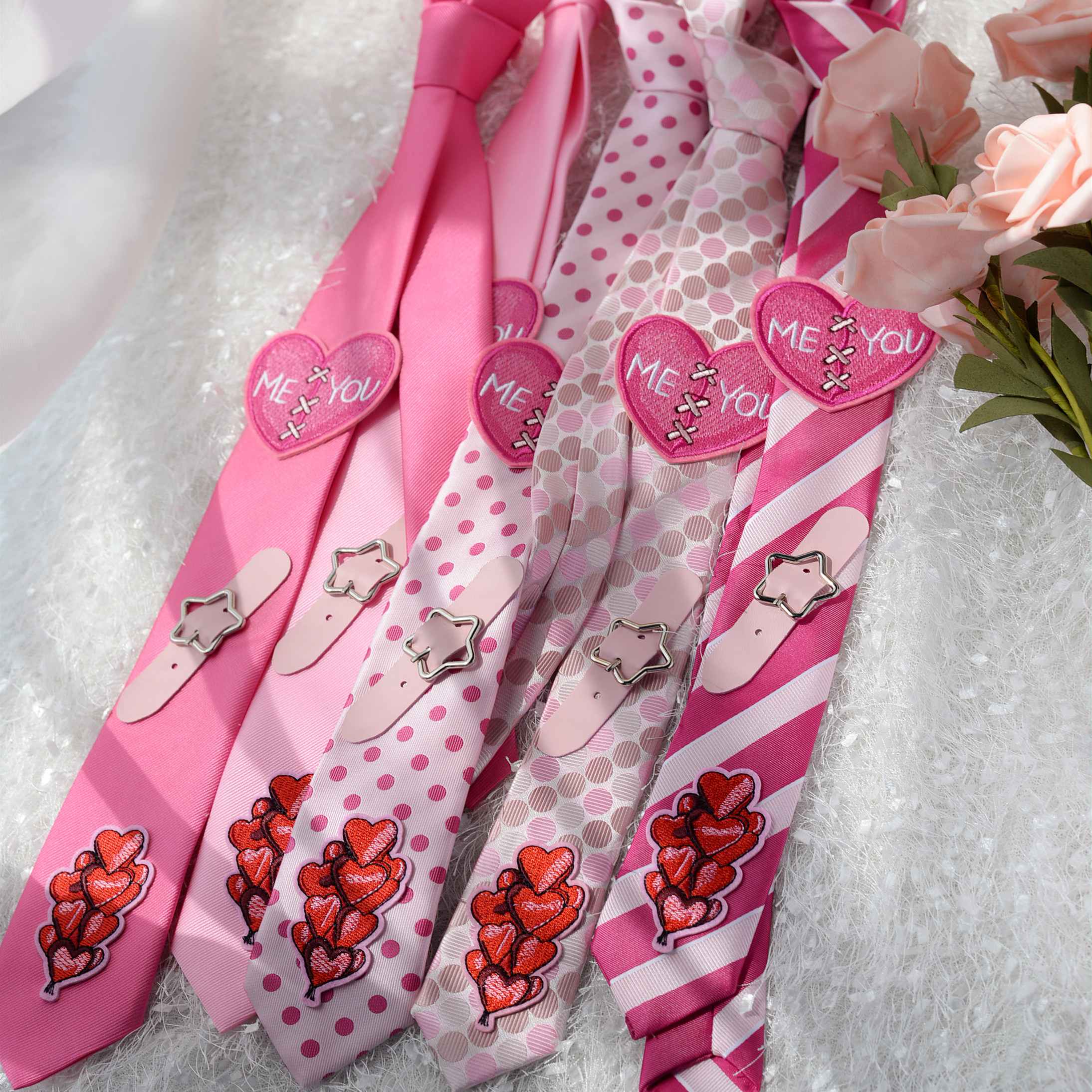Subtle polka dot sweet and cool pink tie with a sophisticated feel; MEYOU heart embroidery niche handmade design shirt to match.