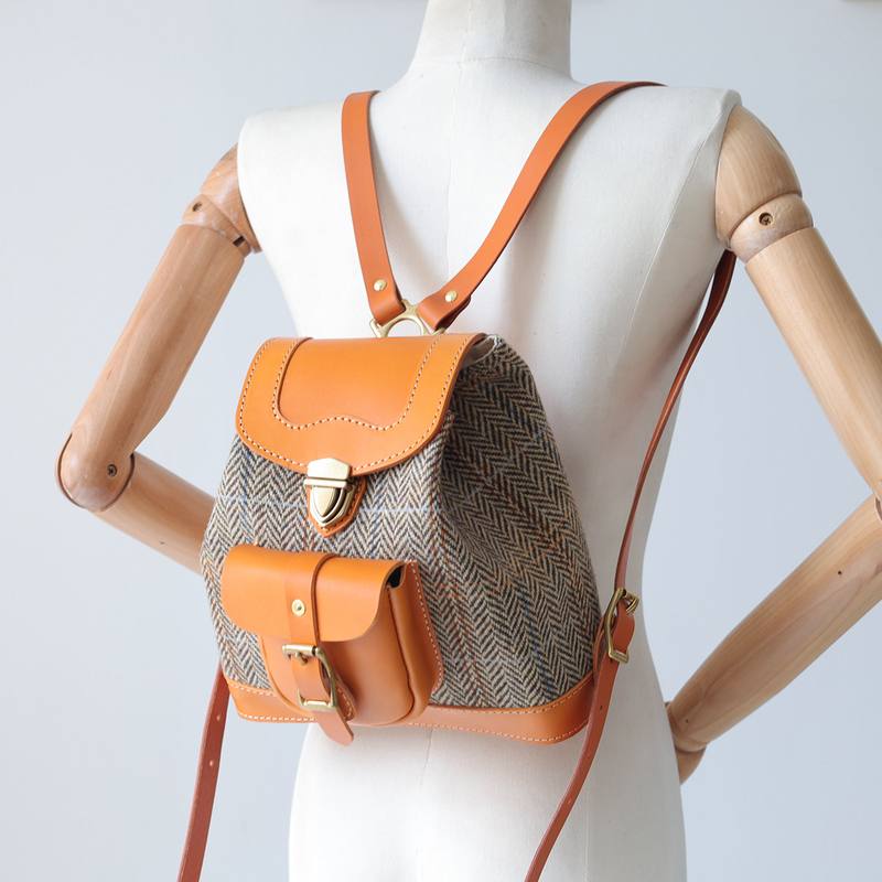 [Wool and Leather] Harris Tweed Women's Backpack, Retro Artistic Women's Bag, Autumn and Winter Women's Bag
