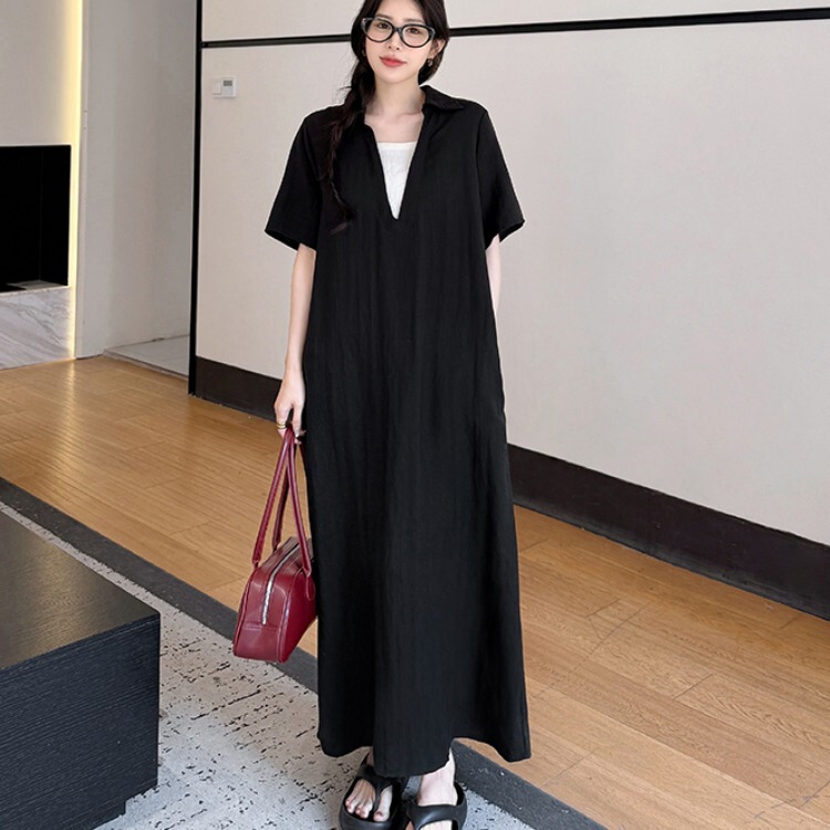 Plus-Size Two-Piece Look Slimming Hepburn-Style Dress, Summer High-End Elegant Loose Long Little Black Dress 100kg
