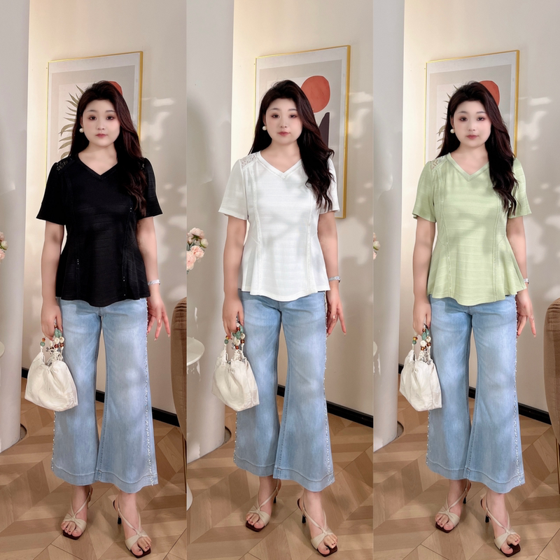 [New Summer Style] Pdm22996 Summer New Hollow Lace V-Neck Slim Fit Covering Flaws and Slimming Plus Size T-Shirt