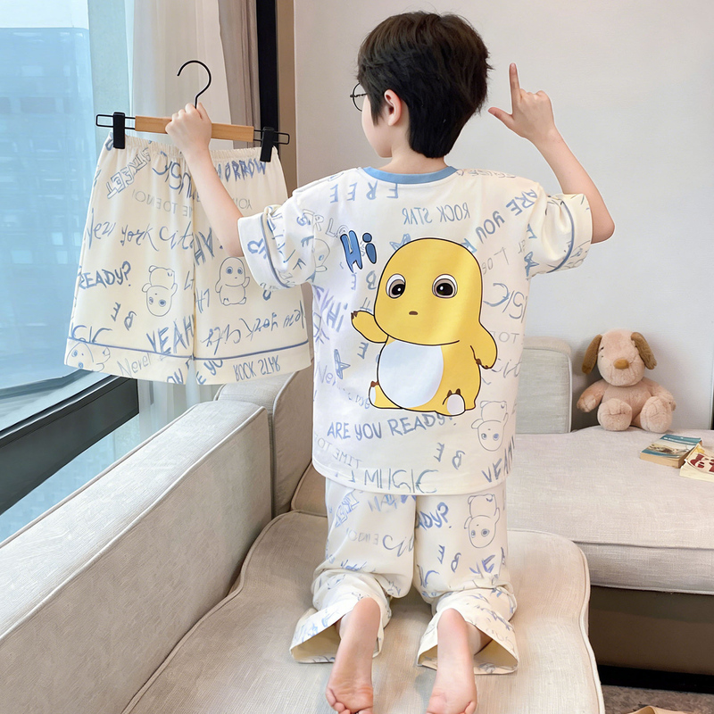 Pajamas for Boys and Teenagers 2026 New Summer Style Pure Cotton Thin Short-Sleeved Three-Piece Set Boys and Kidsren Home Clothes