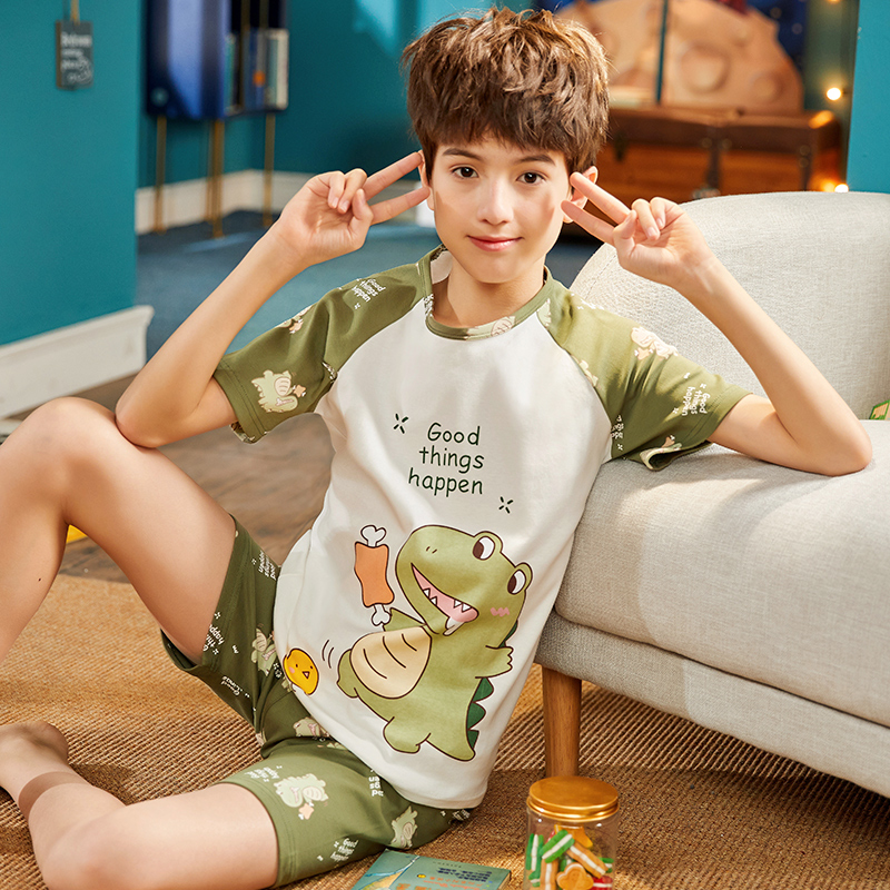 Children's pyjamas boy spring summer pure cotton slim short sleeve suit CUHK child toddler summertime full cotton cartoon home clothes