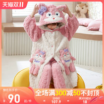 Girls pajama flannel autumn and winter childrens dressing gown coral fleece thick set big kids little girls loungewear