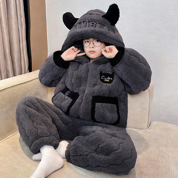 Children's Pajamas, Winter Style, Three-Layer Quilted with Fleece, Thickened Coral Fleece, 2025 New Winter Model, Boys' and Older Children's Loungewear