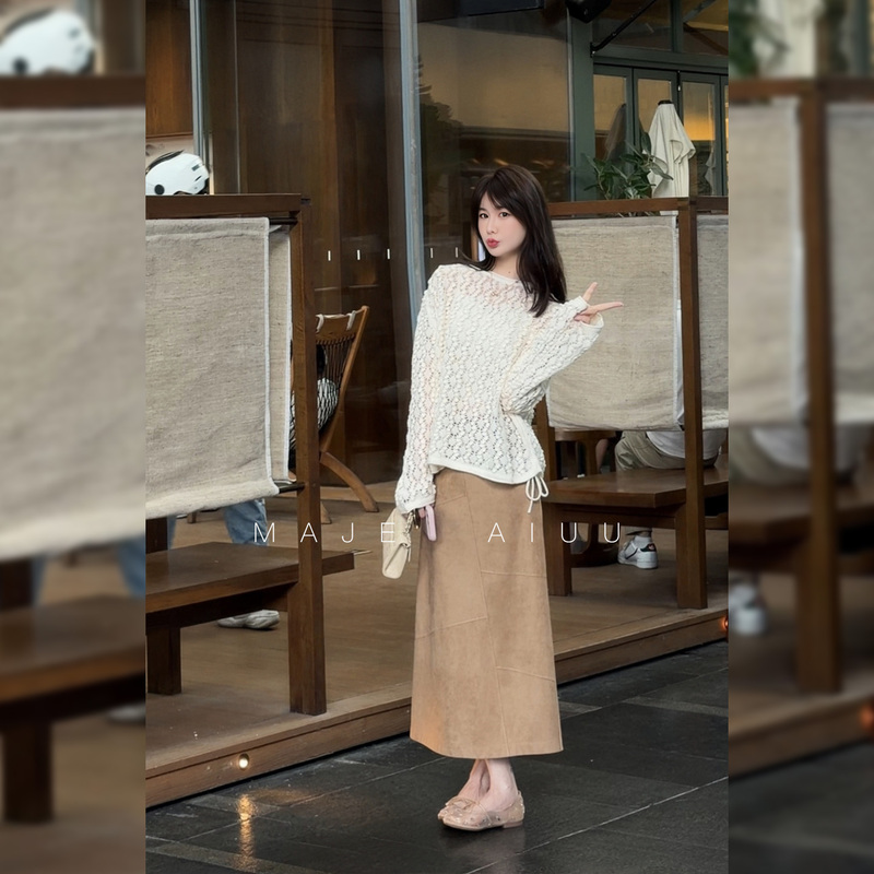 Ma Xiao Jie [Bai He] New Style Merino Wool Handmade Hollow-Out Mesh Knit Drawstring Top French Early Autumn Outfit