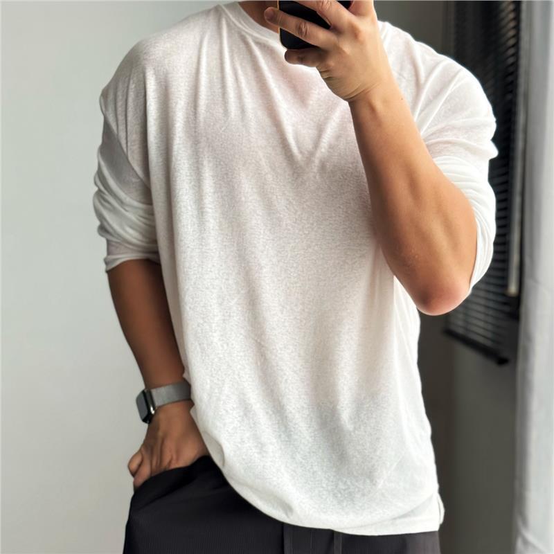Spring and Summer Ultra-Thin Breathable Sun-Protective Round-Neck Long-Sleeve T-Shirt, Lightweight, Casual, Fashionable, Versatile, Solid Color, Simple Men's Top