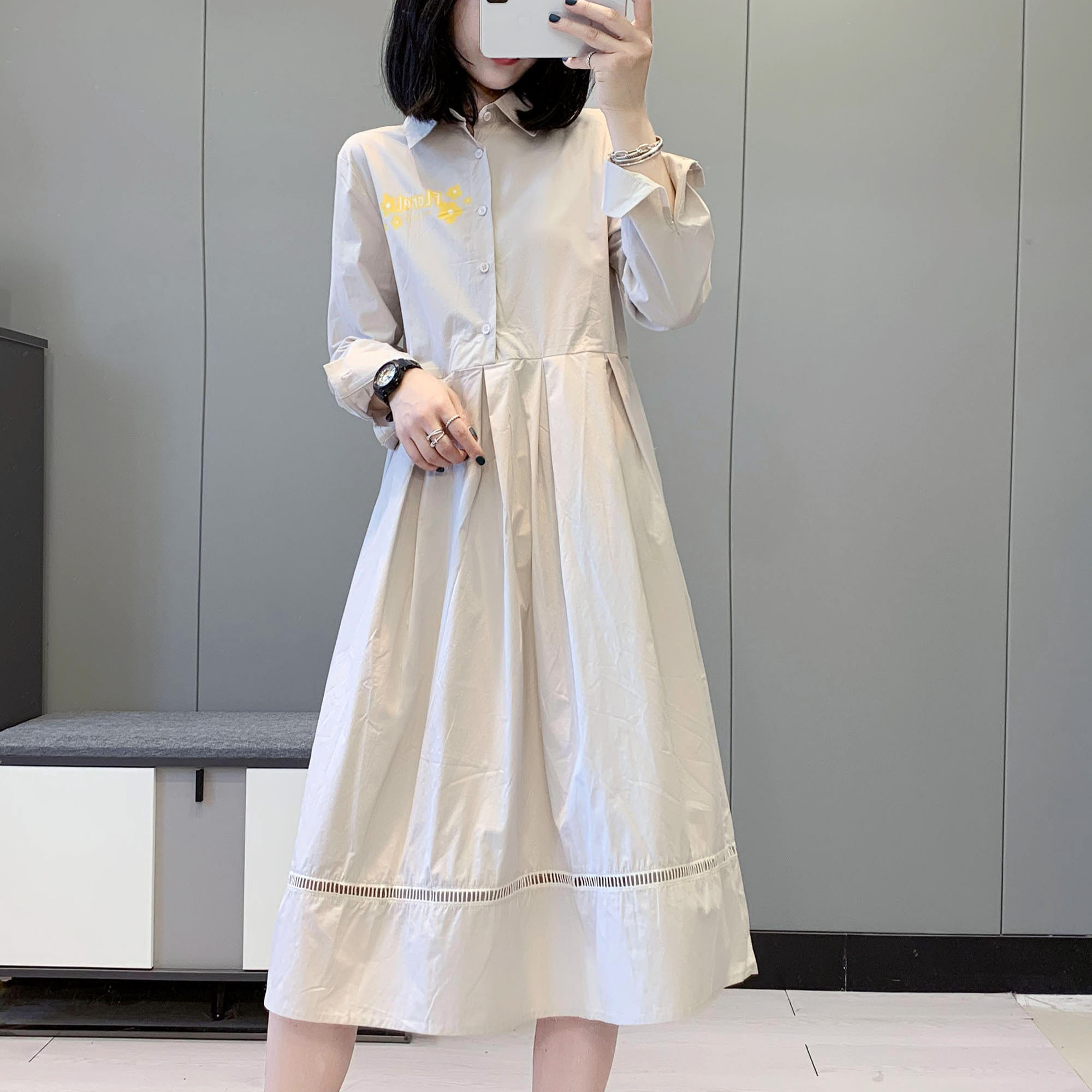 1488 Korean pure color print long sleeve shirt skirt autumn new women's dress simple casual lace splicing dress