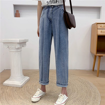 634 straight casual jeans autumn new womens Korean version of wild solid color semi-elastic waist thin pants