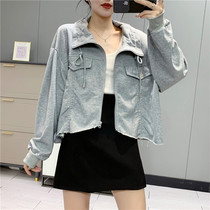 433 Korean version of autumn and winter new womens Joker solid color zipper casual style knitted wool edge collar long sleeve coat